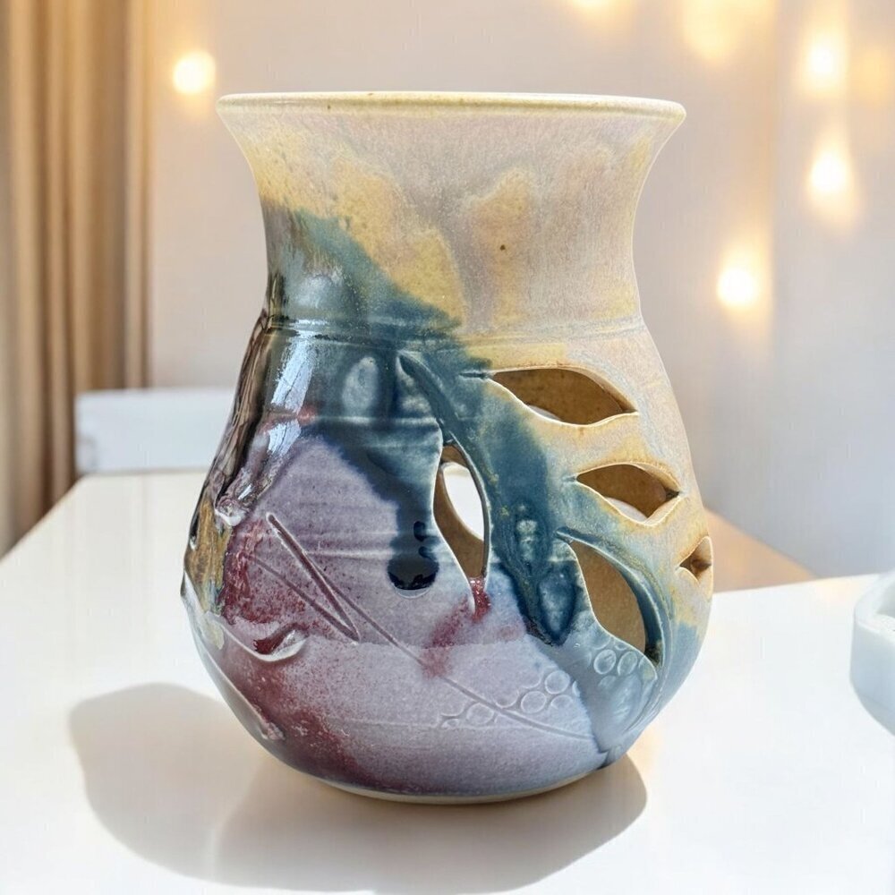 Vintage Studio Art Pottery Purple and Cream Color Shade Candle Holder 5.7" Tall